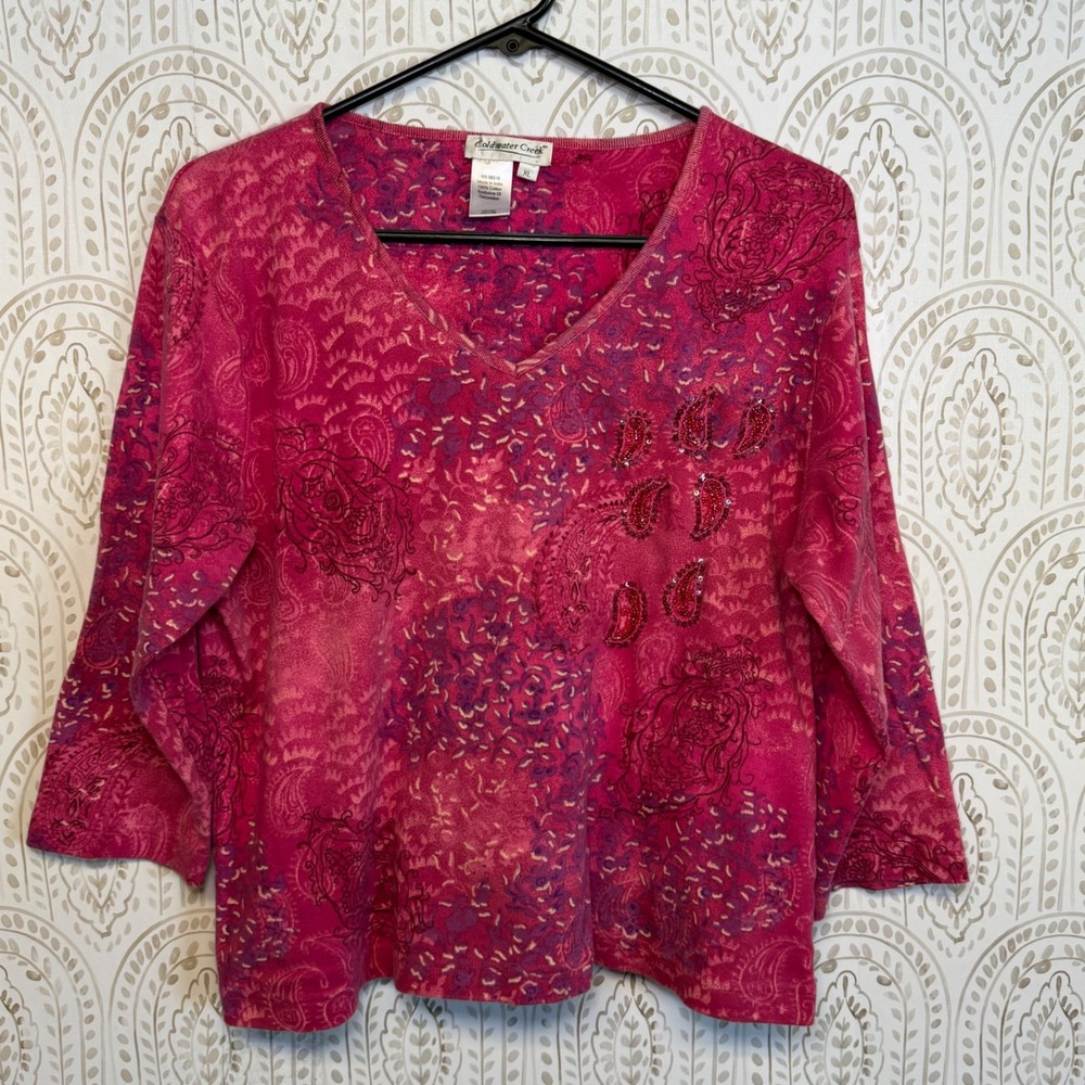 Coldwater Creek Pink Paisley Sequin V-Neck Cotton Top 3/4 Sleeve XL Y2K